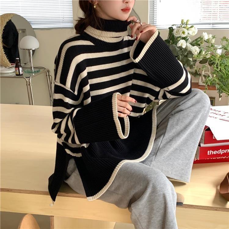 Turtleneck Striped Slit Sweater Product Image