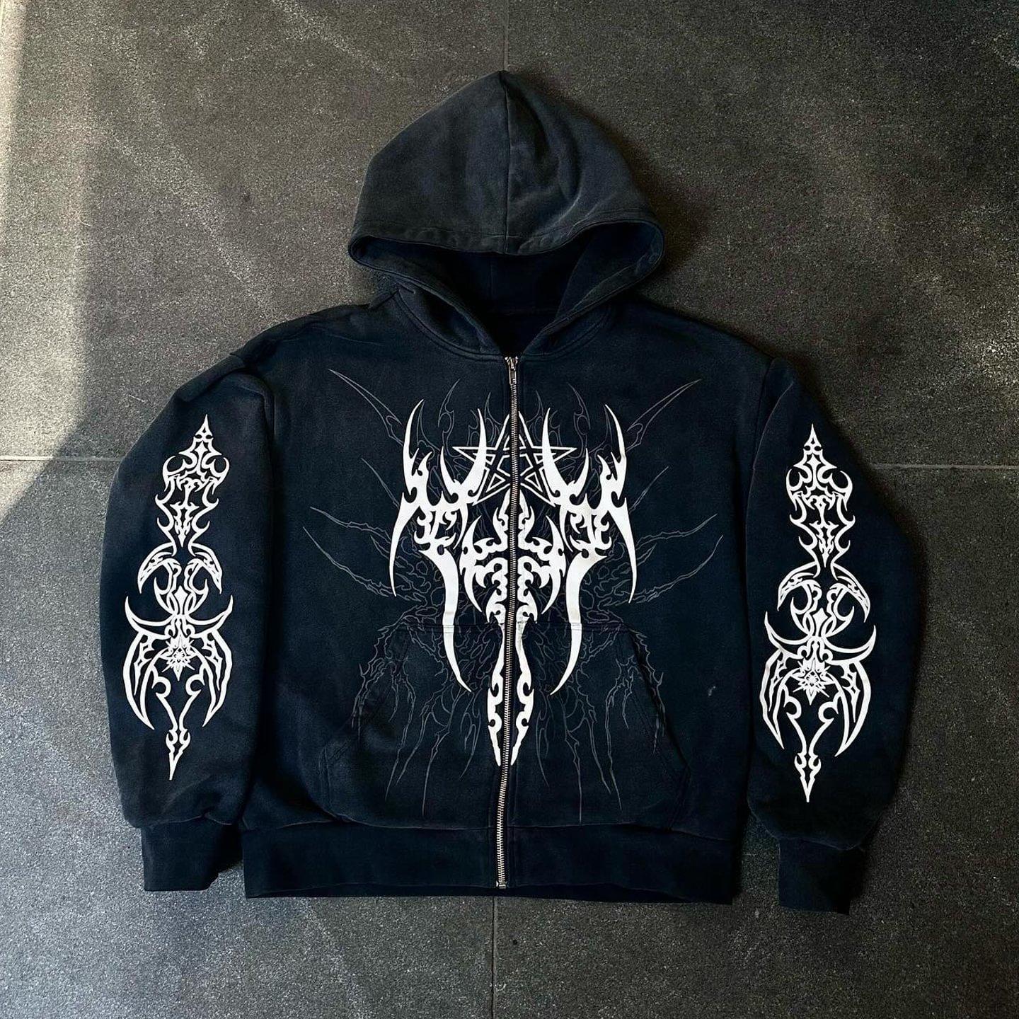 Vintage Holy Sword Graphic Acid Washed Oversized Zip-Up Hoodie Product Image