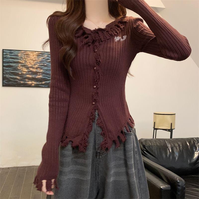 V-Neck Letter Embroidered Ribbed Sweater Product Image