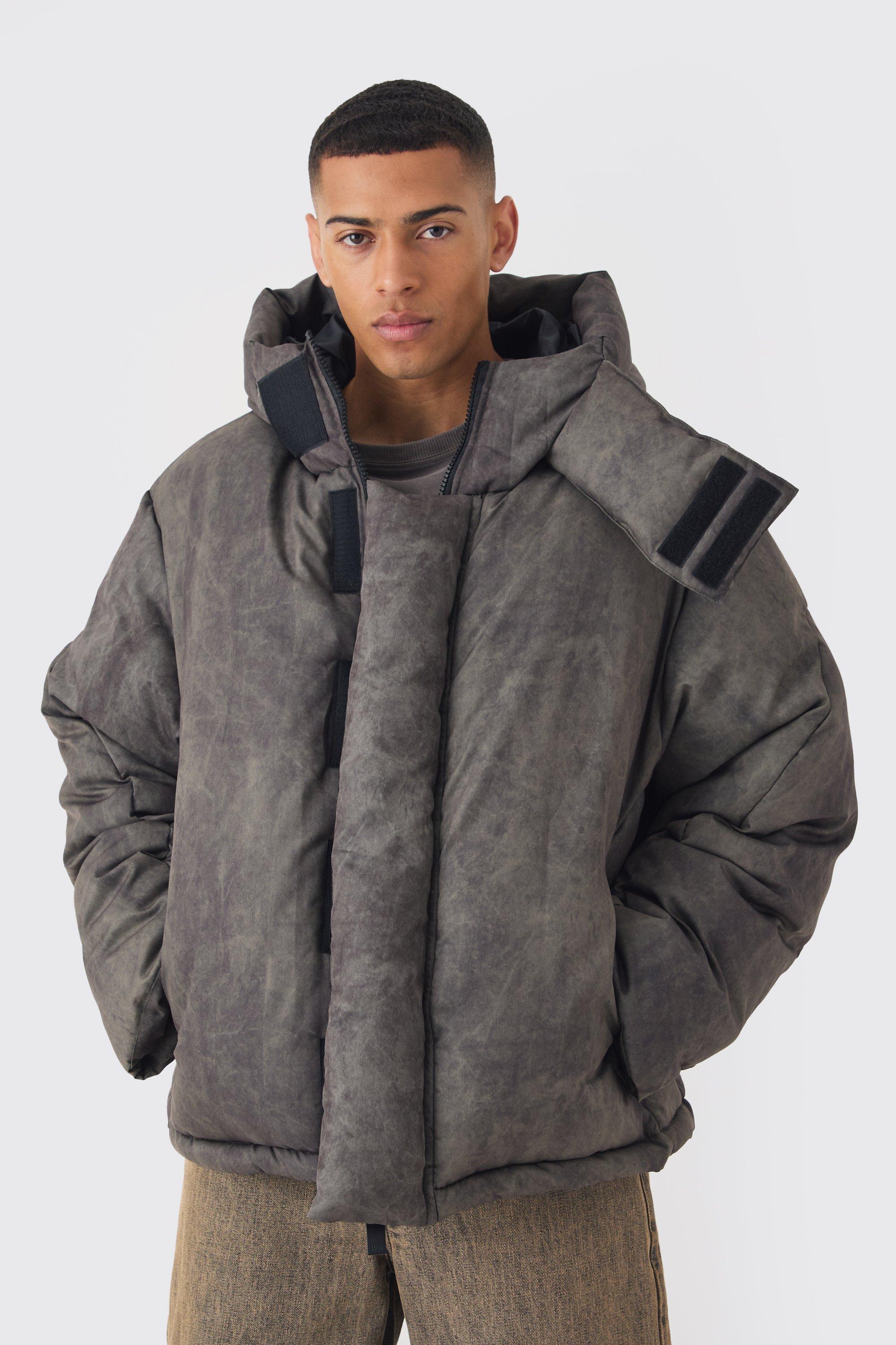 Oversized Extreme Padded Washed Hooded Puffer Coat In Khaki | boohooMAN USA Product Image