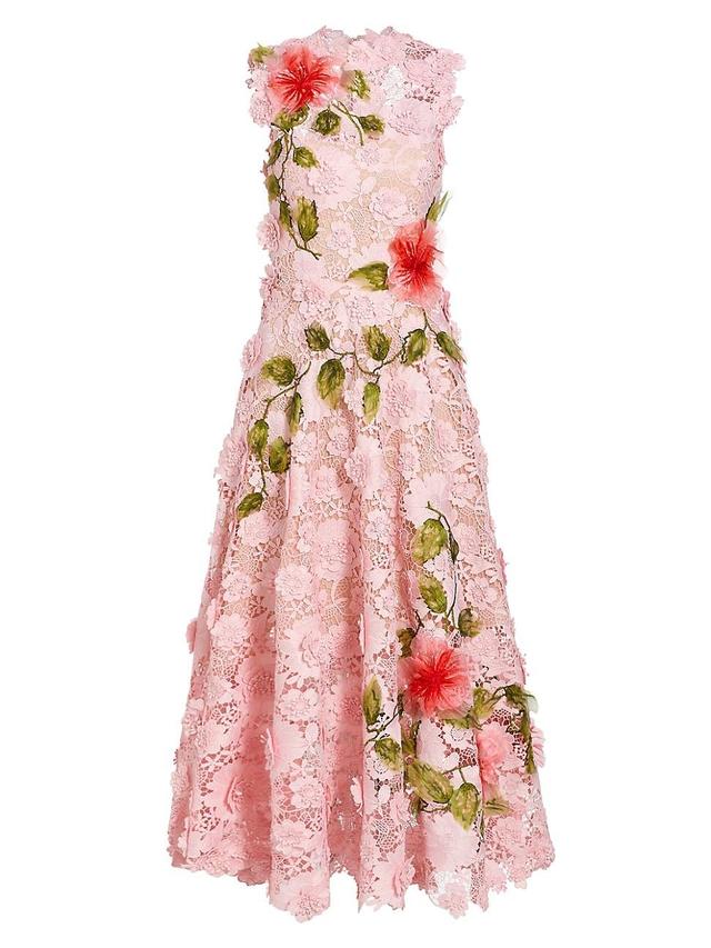 Womens Hibiscus Floral Embroidered Guipure A-Line Midi-Dress Product Image