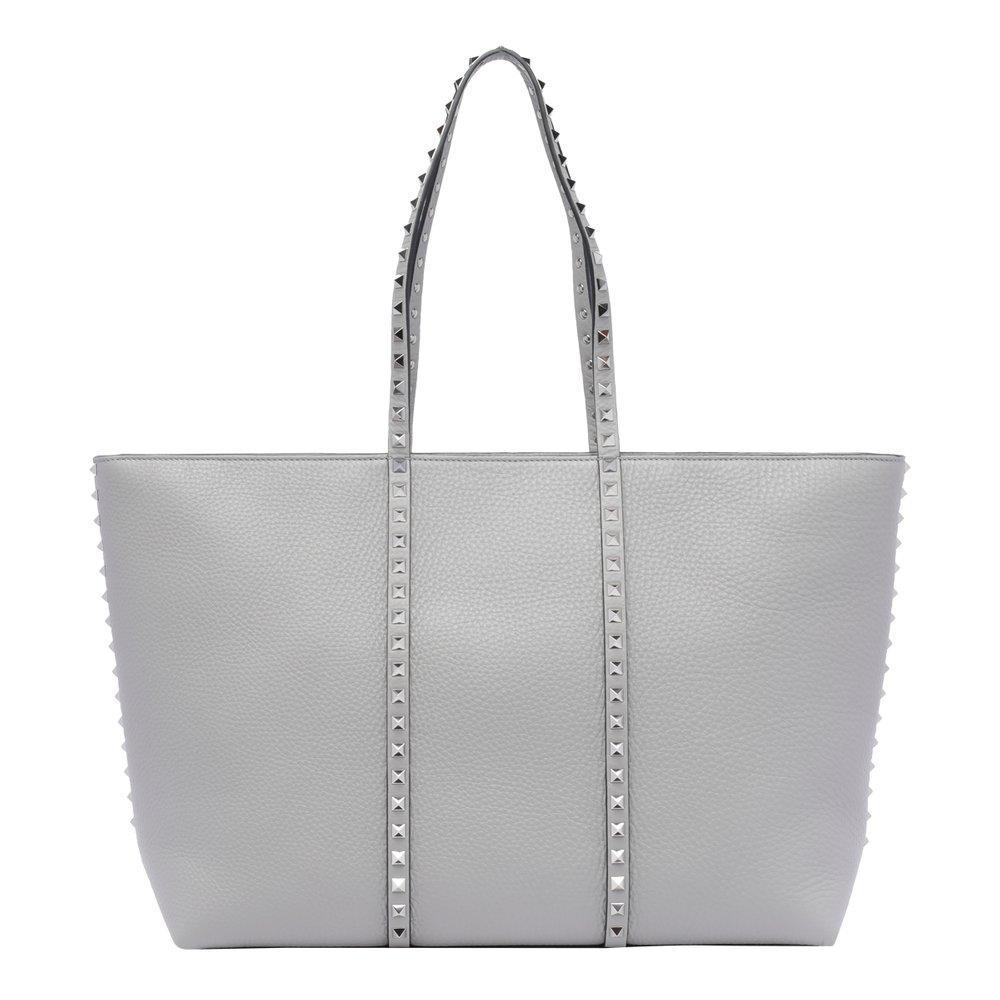 VALENTINO GARAVANI Rockstuds Leather Tote Bag In Grey Product Image