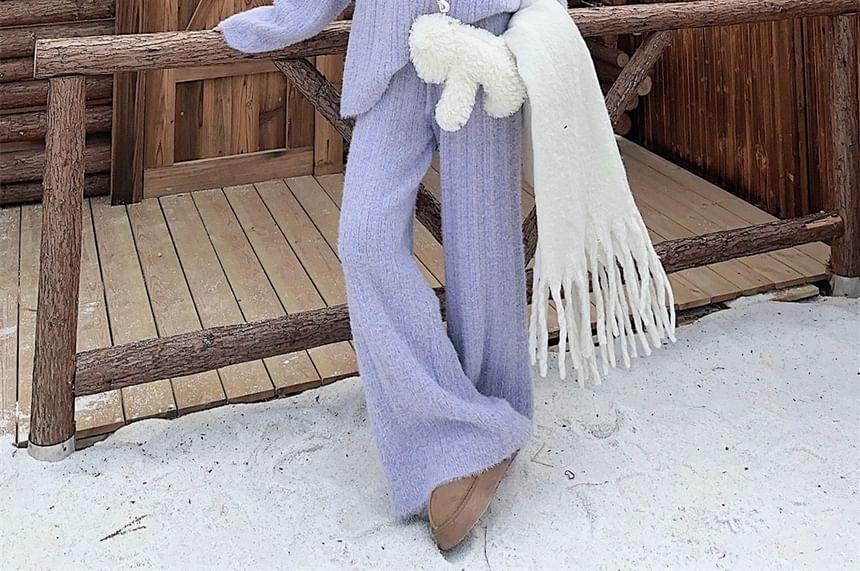 Turtleneck Plain Half-Zip Fluffy Sweater / Elastic Waist Wide Leg Pants Product Image