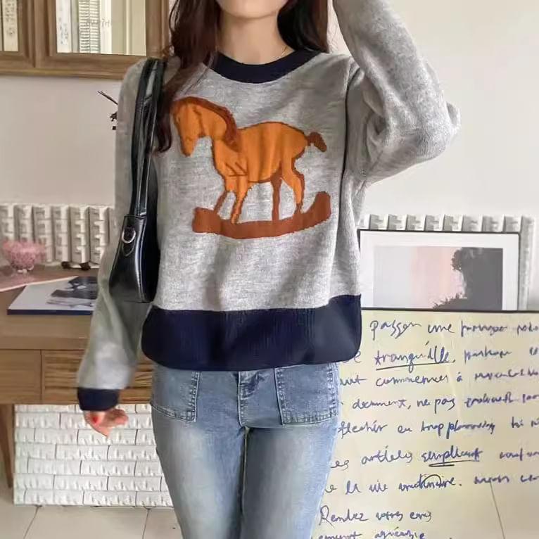 Crew Neck Horse Jacquard Sweater Product Image