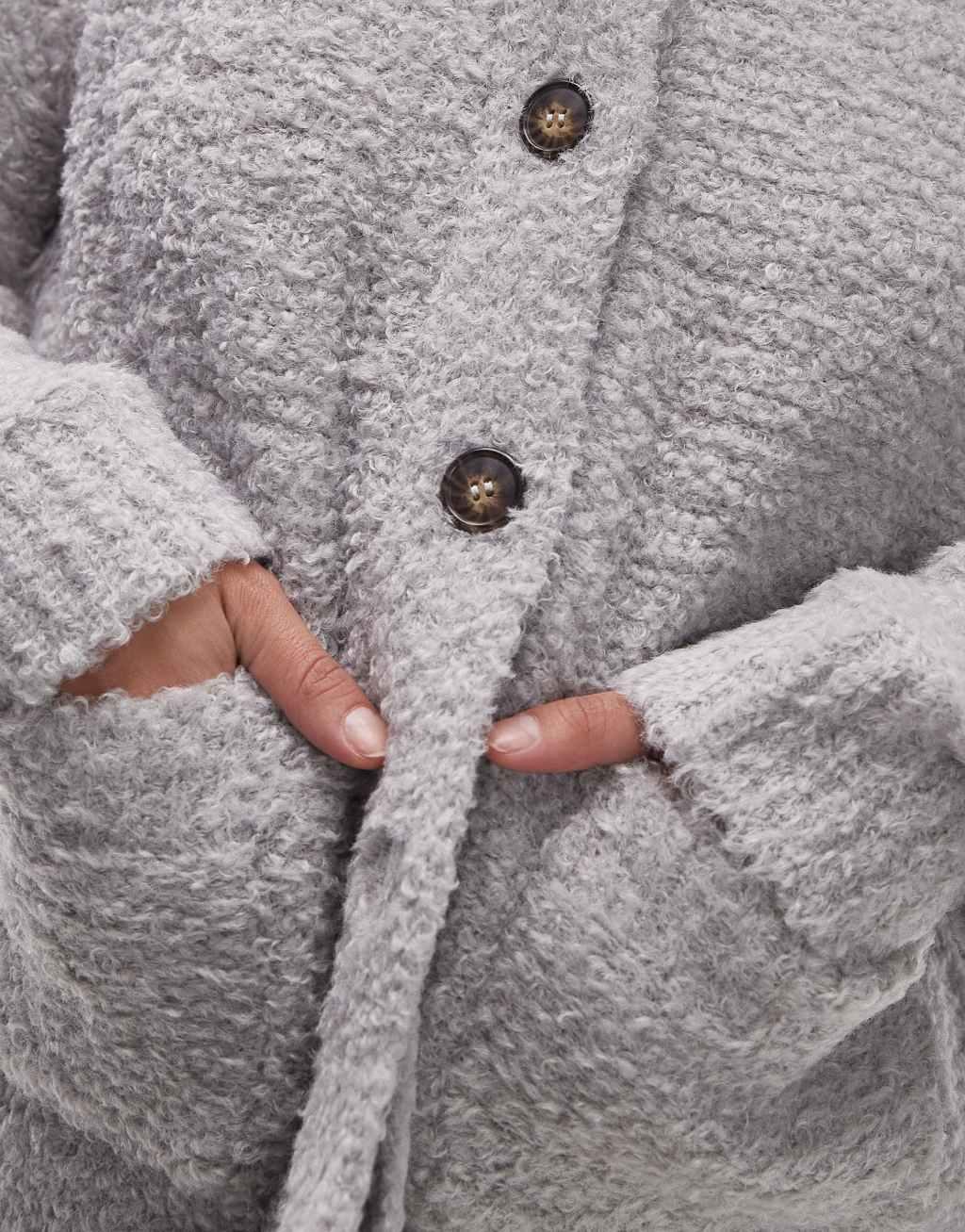 Topshop knit crew neck teddy cardigan with pockets in gray Product Image