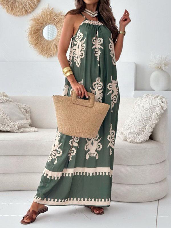 Loose Sleeveless Printed Split-Joint Spaghetti-Neck Maxi Dresses Product Image