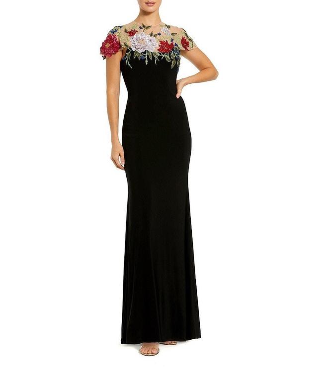 Mac Duggal Floral Embellished Crew Neck Short Sleeve Jersey Fitted Gown Product Image