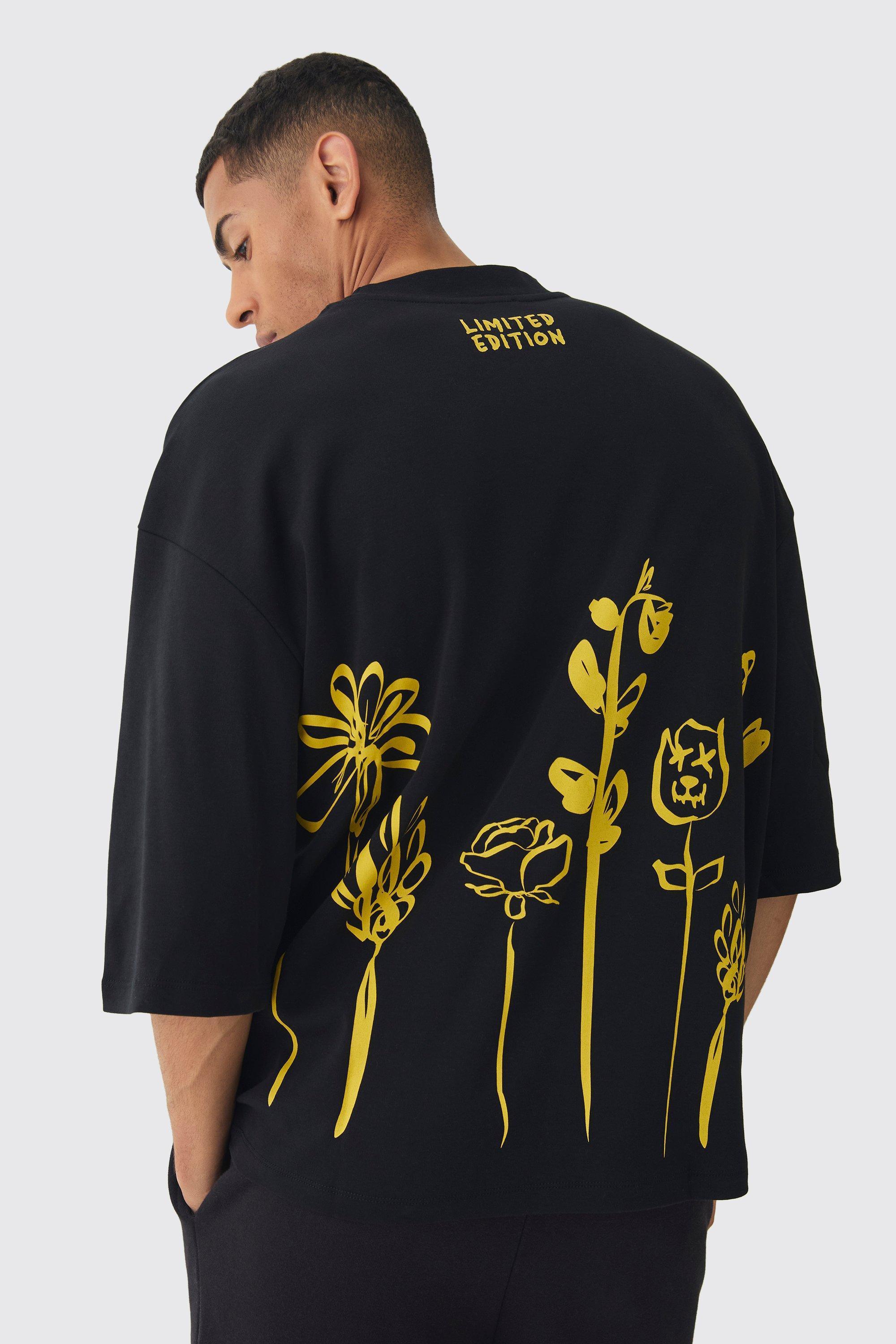 Mens Black Oversized Extended Neck Heavyweight Interlock Floral T-shirt, Black Product Image