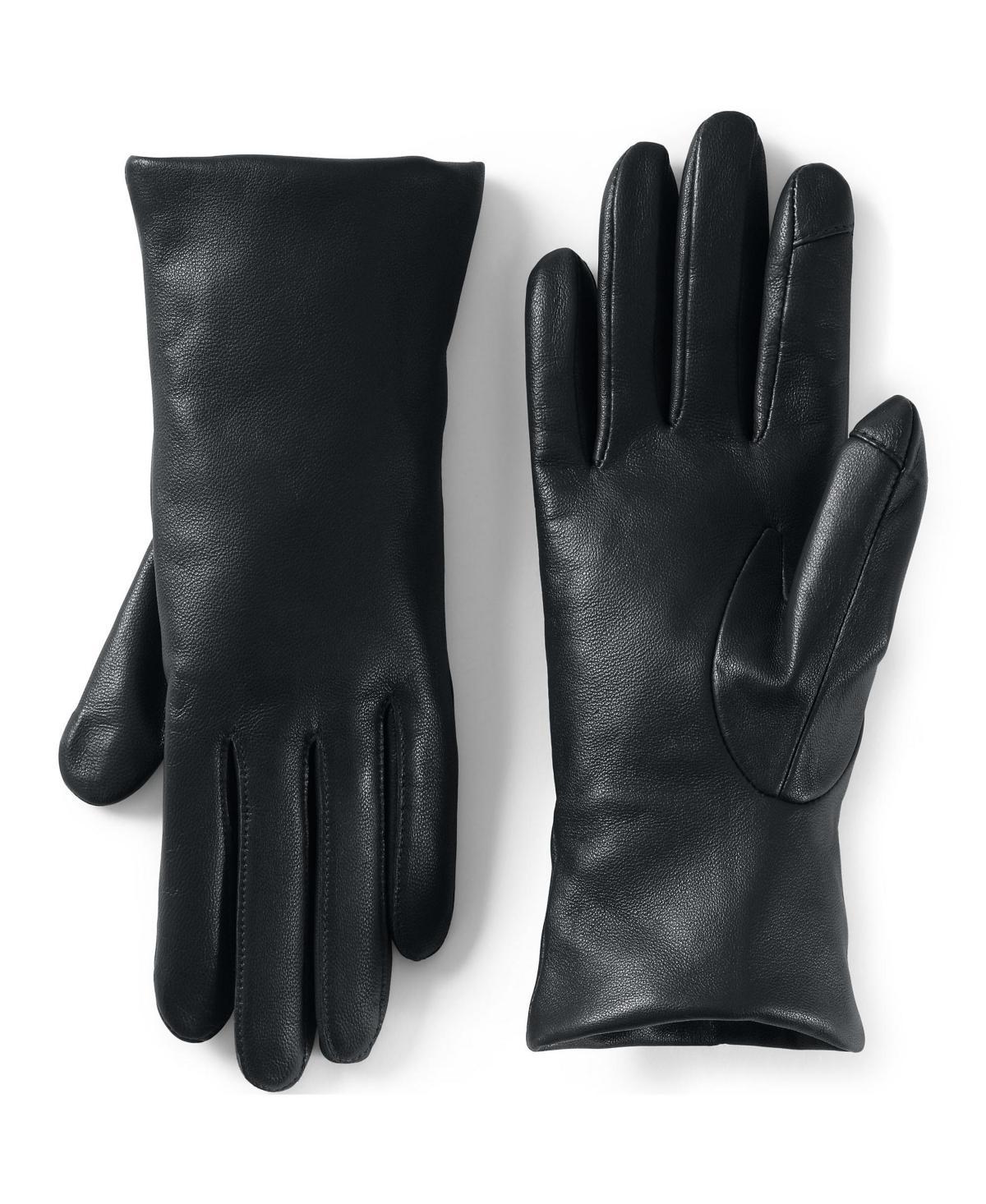 Womens Lands End Touch Screen Compatible Leather Gloves with Cashmere Lining Black Product Image