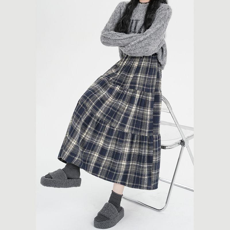 High Rise Plaid Midi A-Line Skirt Product Image