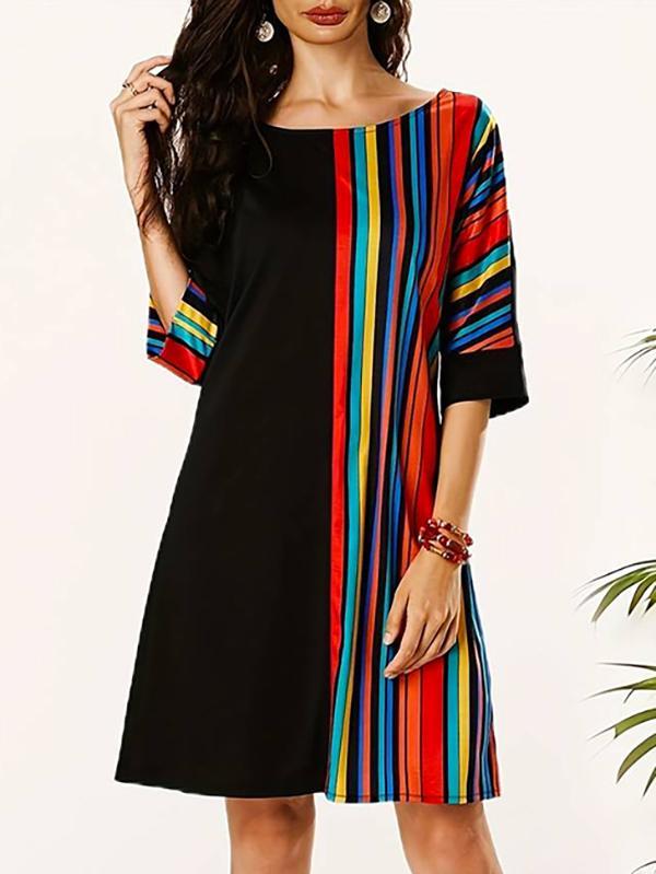 A-Line Half Sleeves Asymmetric Contrast Color Striped Round-Neck Mini Dresses Product Image