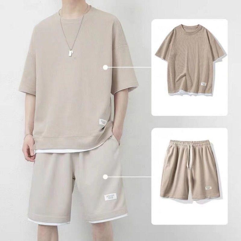 Set: Short-Sleeve Crew Neck Mock Two Piece Waffle T-Shirt + Drawstring Waist Sweat Shorts Product Image