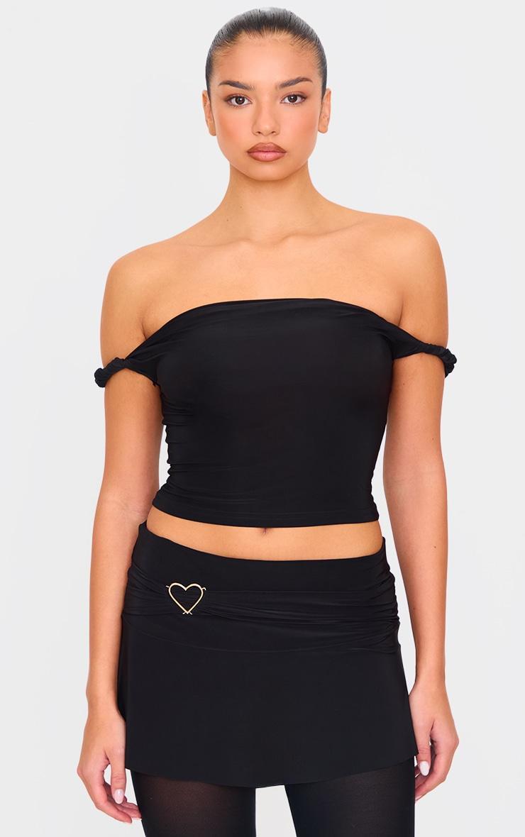 Black Slinky Twist Detail Bardot Crop Top Product Image