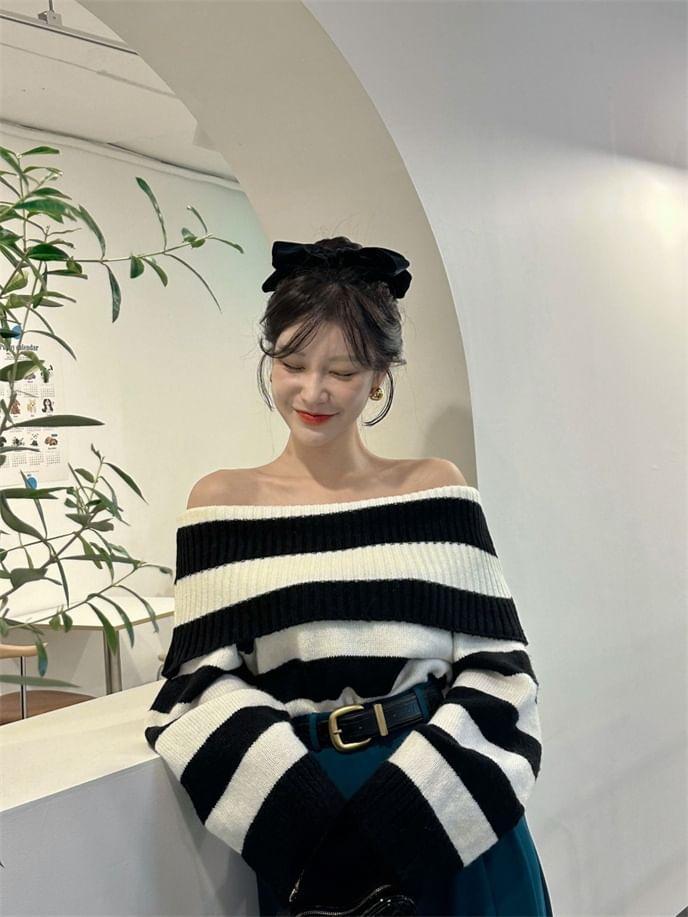 Off-Shoulder Striped Sweater Product Image