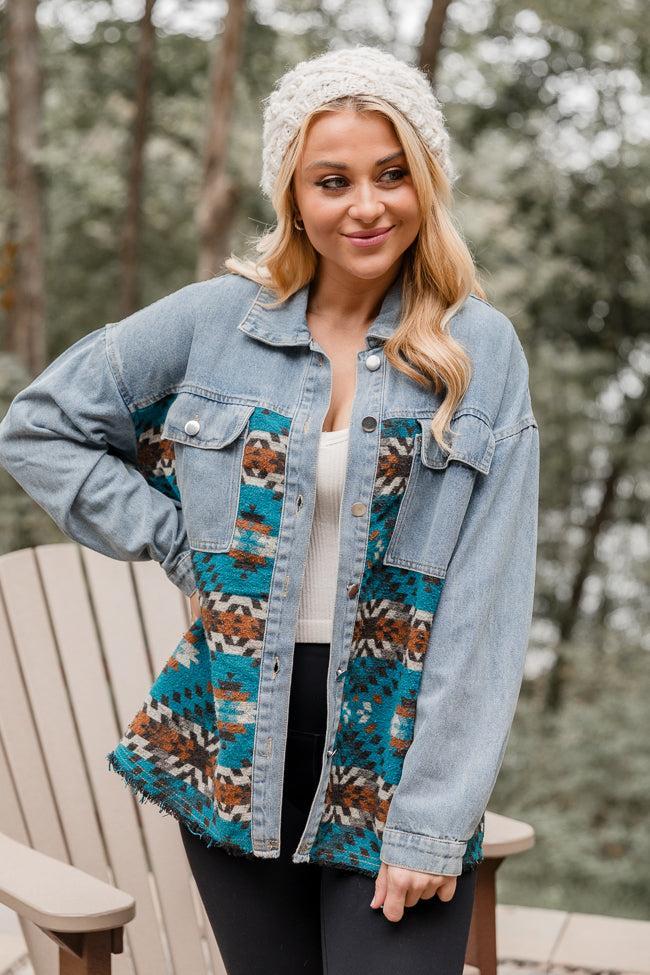 Desert Nights Southwestern Printed Medium Wash Denim Jacket FINAL SALE Product Image