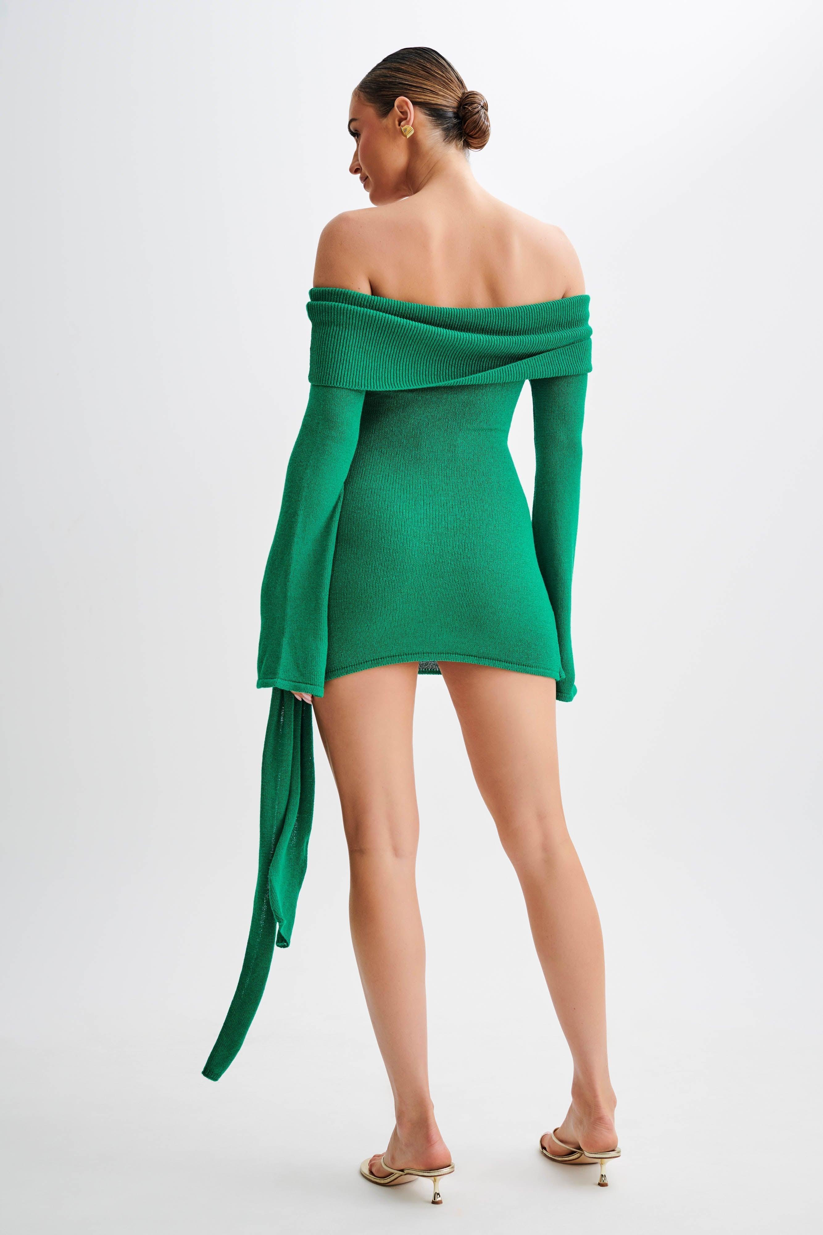 Camryn Off Shoulder Tie Knit Mini Dress - Green Product Image