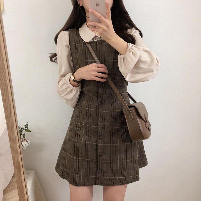 Long-Sleeve Blouse / Plaid Mini Buttoned Overall Dress Product Image