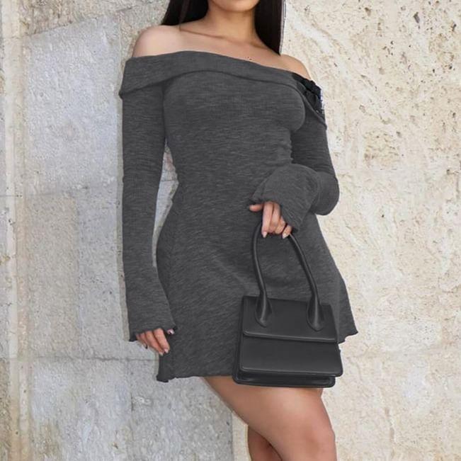 Long Sleeve Off Shoulder Plain Buckled Mini A-Line Dress Product Image