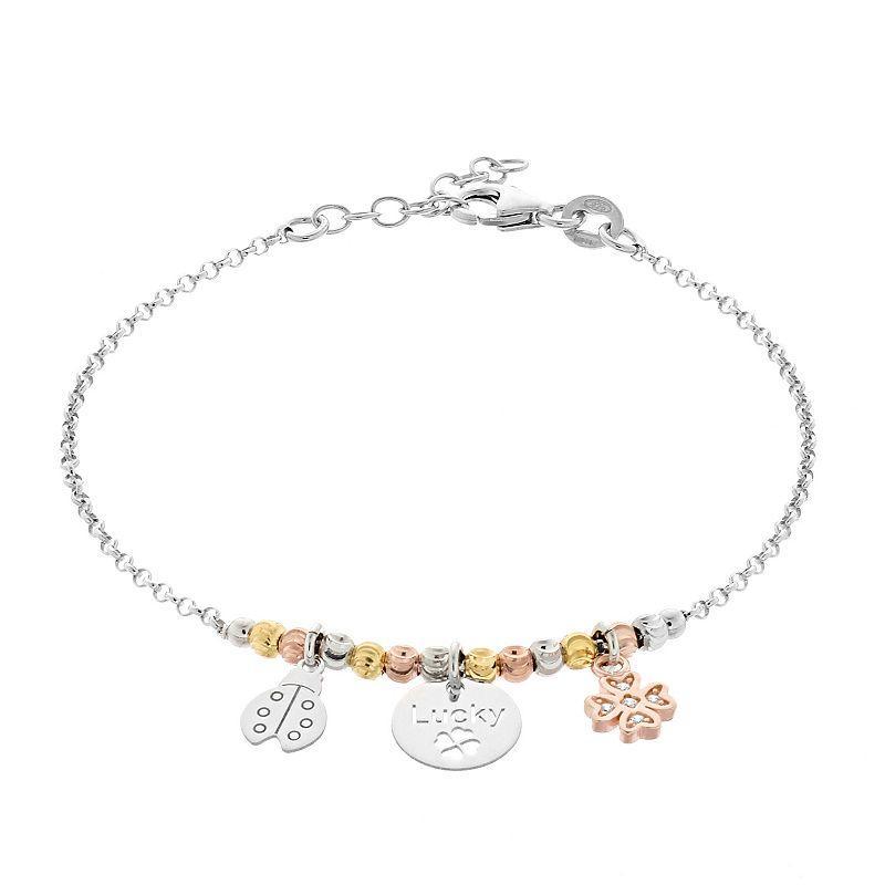 Tri Tone Sterling Silver Cubic Zirconia Clover & Ladybug Charm Bracelet, Womens Product Image