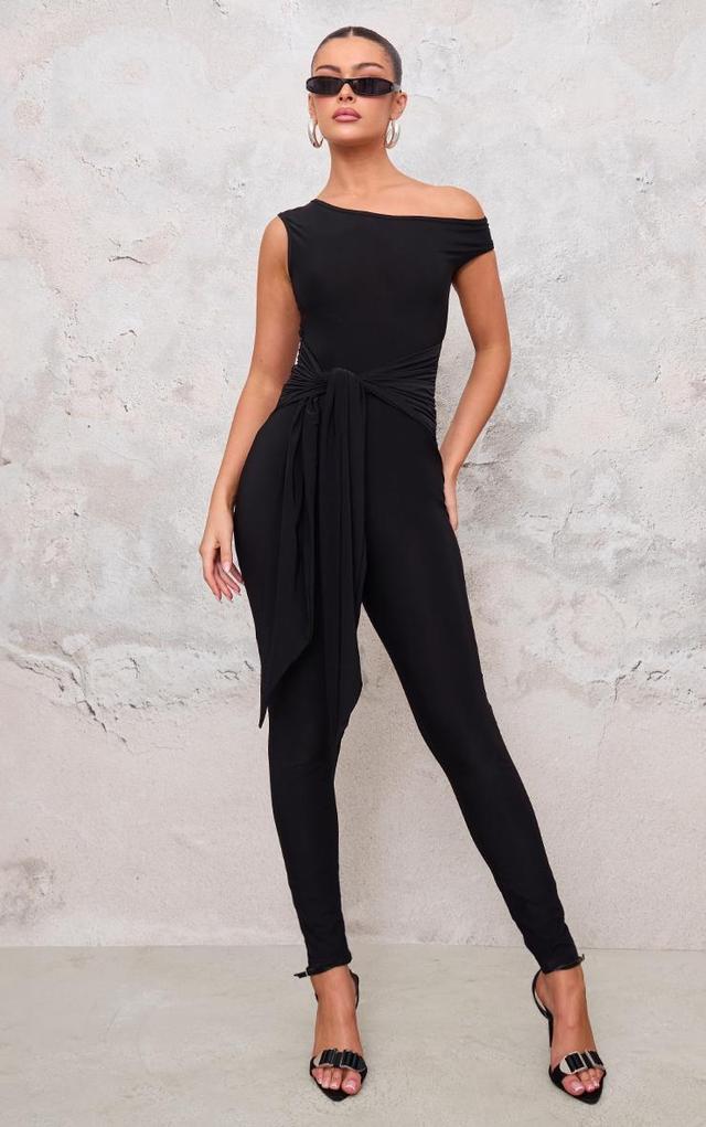  Black Double Layer Slinky Knot Detail Wrap Front Jumpsuit Product Image