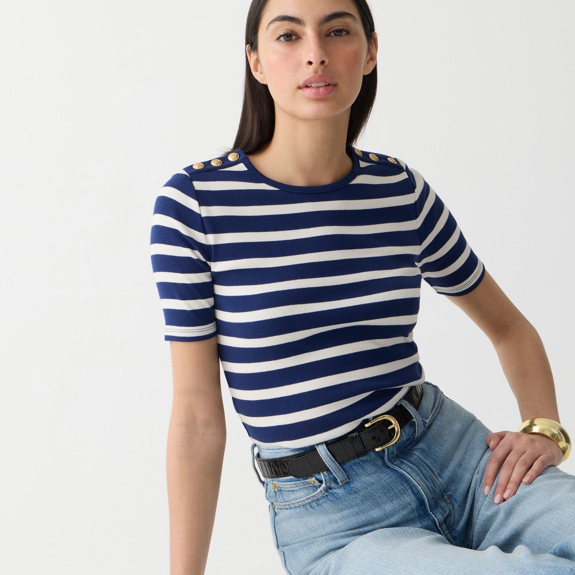 Perfect-fit elbow-sleeve T-shirt in stripe with gold buttons Product Image