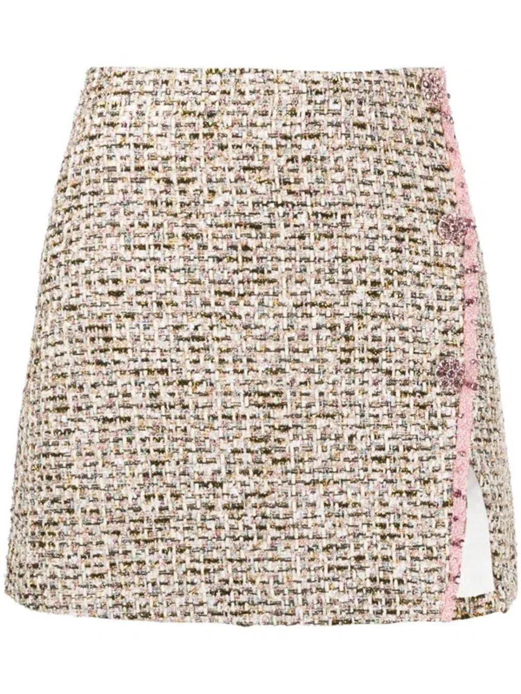 Side Slit Crystal Bead Embellished Metallic Bouclé Tweed Mini Skirt In Pink Product Image