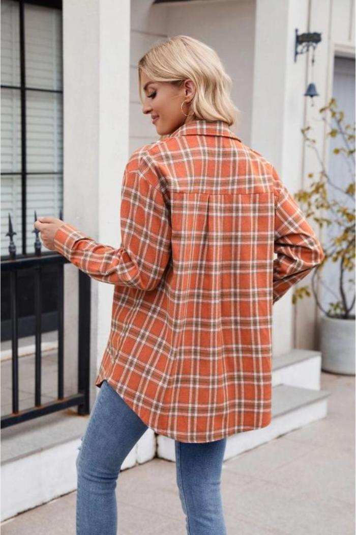 Women's New Casual Fashion Loose Plaid Pocket Shirt Product Image