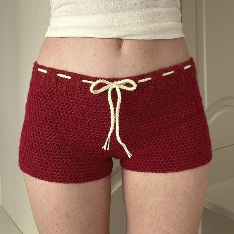 Low Waist Tie-Waist Knitted Mini Shorts Product Image