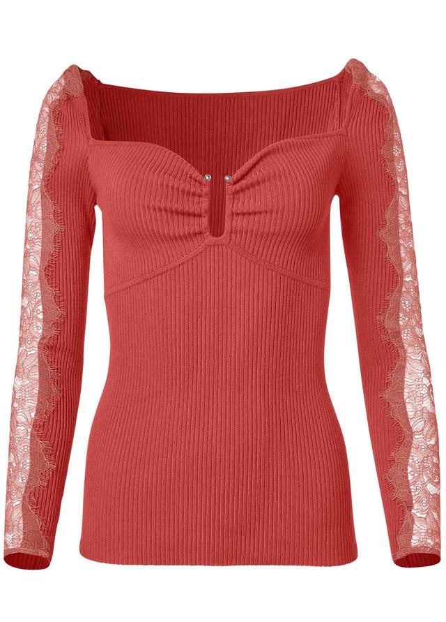 Lace Sleeve Ribbed Sweater - Baked Apple Product Image