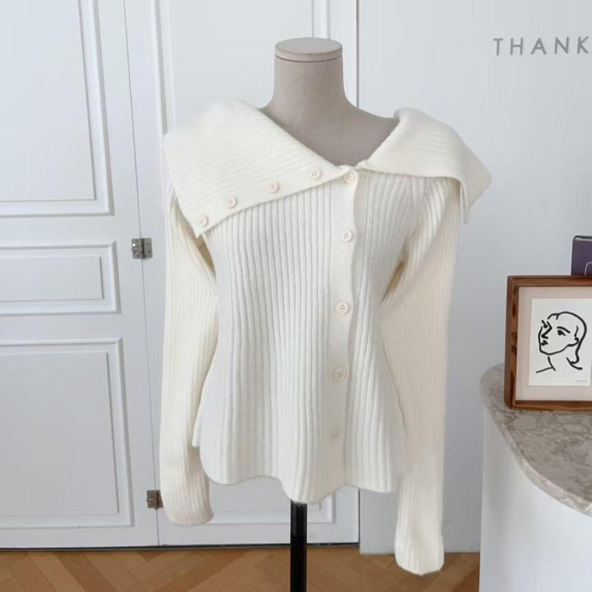 Off-Shoulder Long-Sleeve Plain Ribbed Button-Up Knit Top Product Image