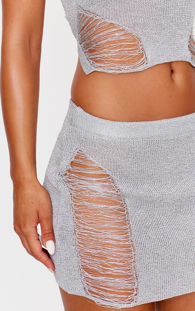  Silver Glitter Knit Distressed Ladder Mini Skirt Product Image