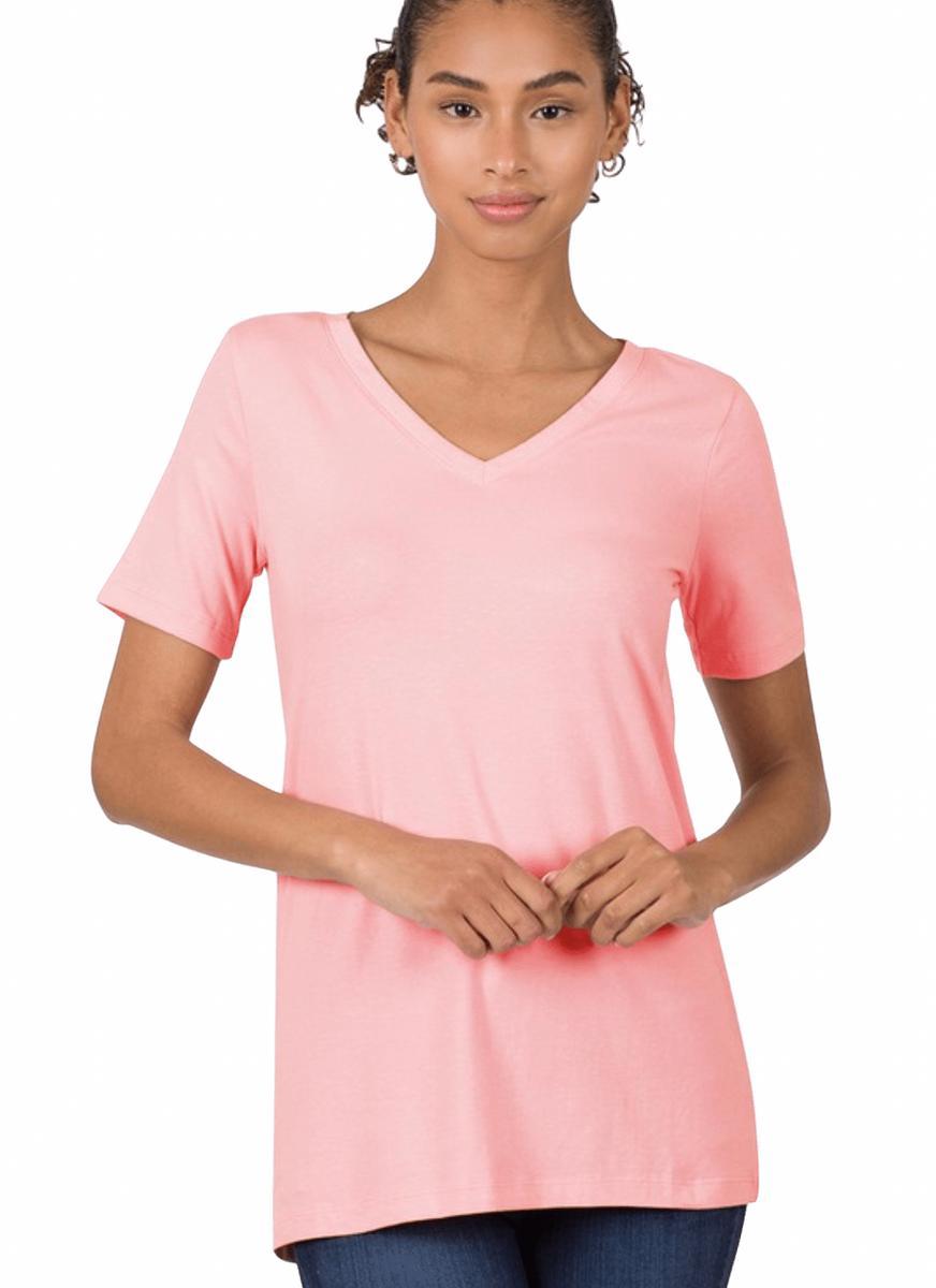 1009   Dusty Pink Cotton V-neck Basic T-Shirt Product Image