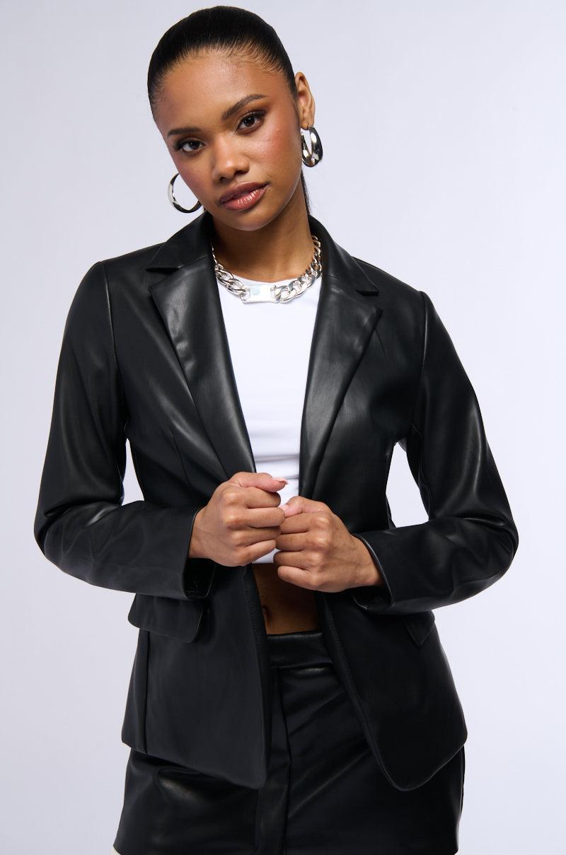 SO CHIC SOFT FAUX LEATHER BLAZER IN BLACK Product Image