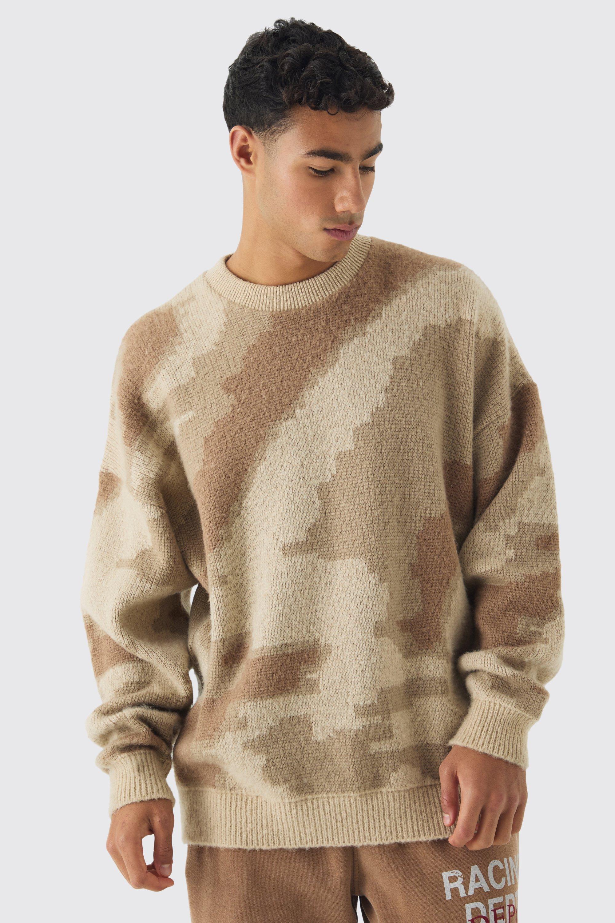 Abstract Camo Brushed Sweater in Stone | boohooMAN USA Product Image