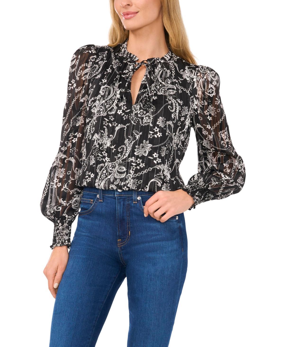 CeCe Womens Paisley Long-Sleeve Smocked Cuff Tie-Neck Top Product Image