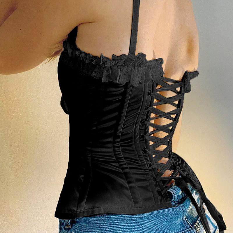 Plain Bow Ruffle Trim Hoop and Eye Corset Top Product Image