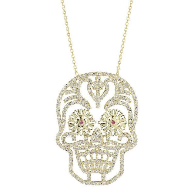 Sunkissed Sterling 14k Gold Over Silver Cubic Zirconia Sugar Skull Necklace, Womens Gold Tone Product Image