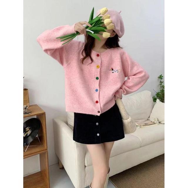 Long-Sleeve Crewneck Embroidered Cardigan Product Image