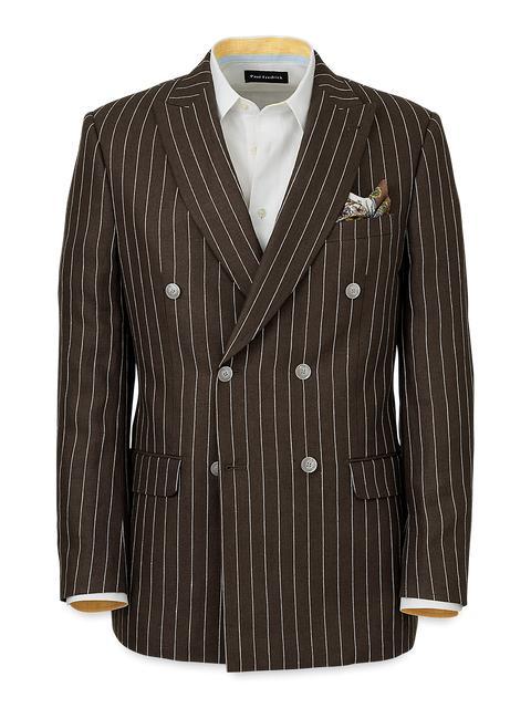 Linen Pinstripe Double Breasted Peak Lapel Suit Jacket - Dark Brown Product Image