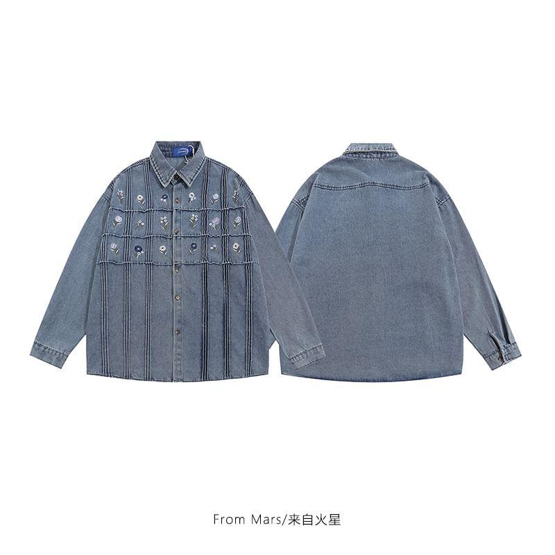 Collared Embroidered Floral Button Up Denim Shirt Product Image