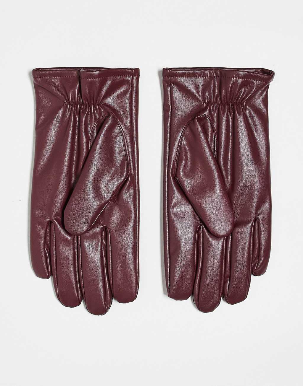 ASOS DESIGN faux leather gloves in burgundy Product Image