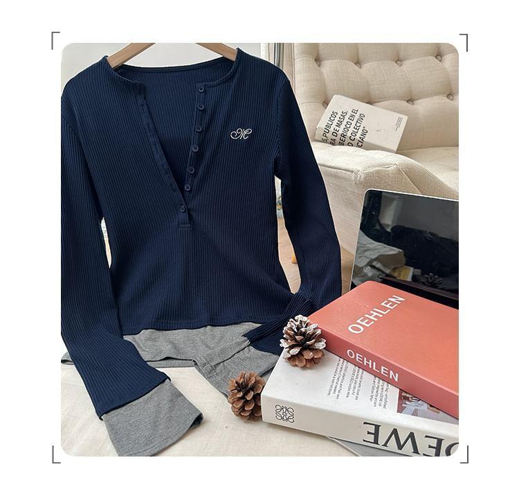 Mock Two-Piece Long-Sleeve Henley Embroidered Ribbed T-Shirt Product Image