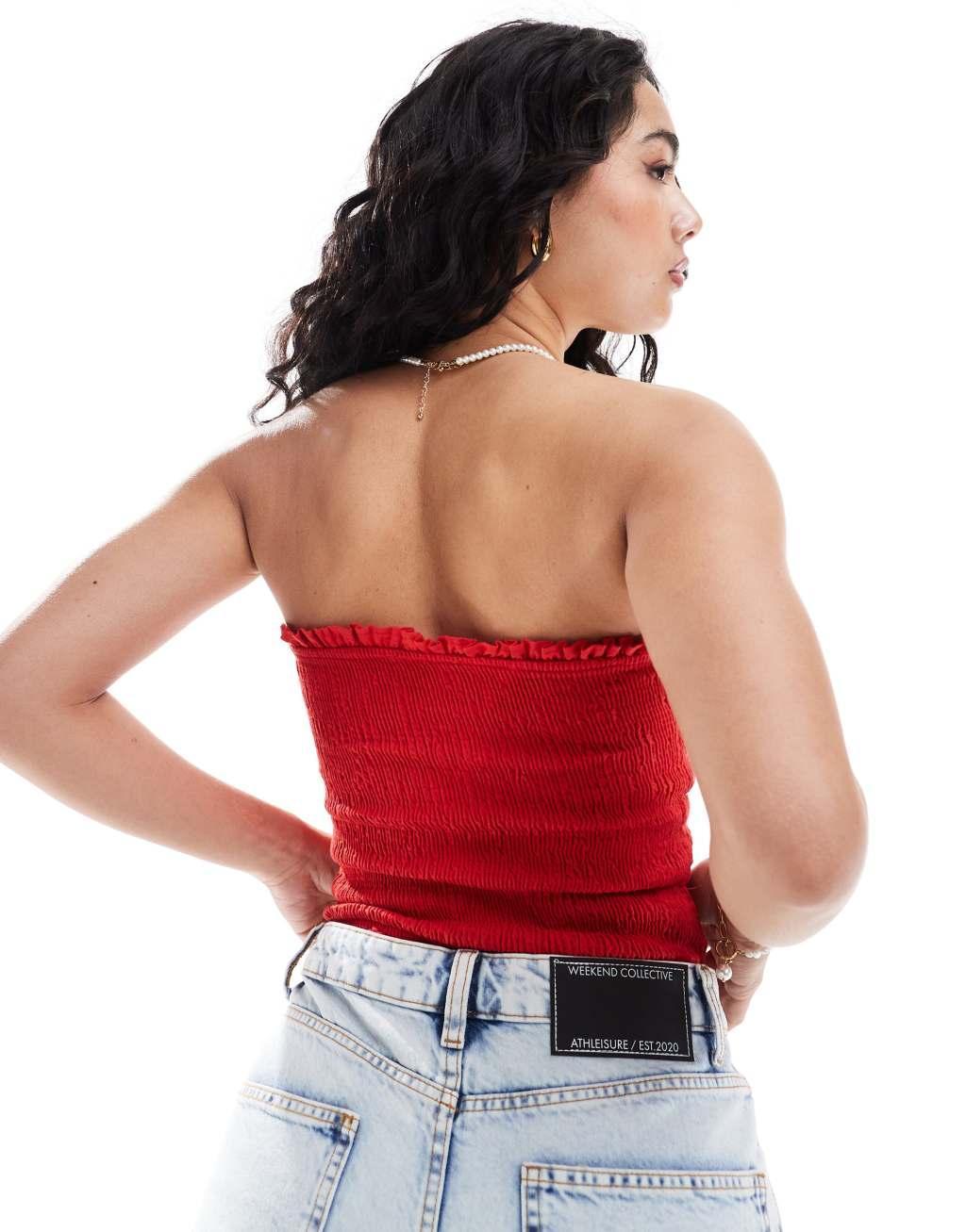 Bershka shirred bandeau top in red Product Image