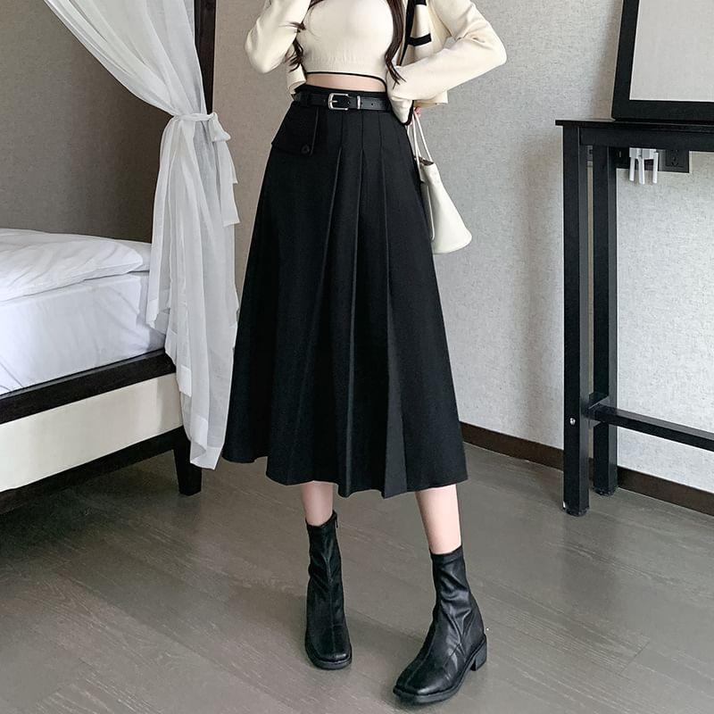 High Rise Plain Asymmetrical Pleated Midi A-Line Skirt Product Image