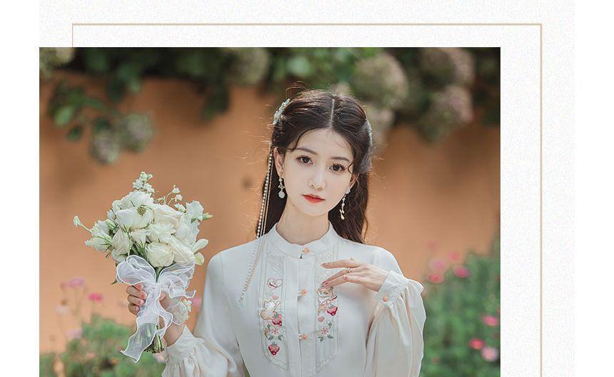 Puff-Sleeve Floral Embroidered Blouse / High Waist Plain Midi A-Line Skirt / Belt / Set Product Image