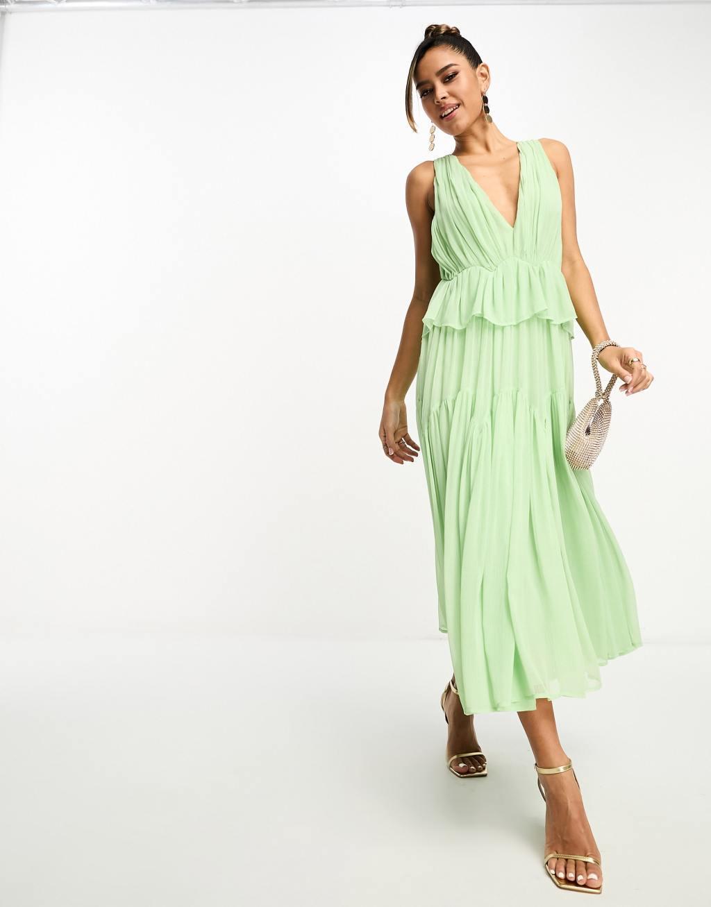 ASOS DESIGN plunge pleated tiered midi dress in sage green Product Image