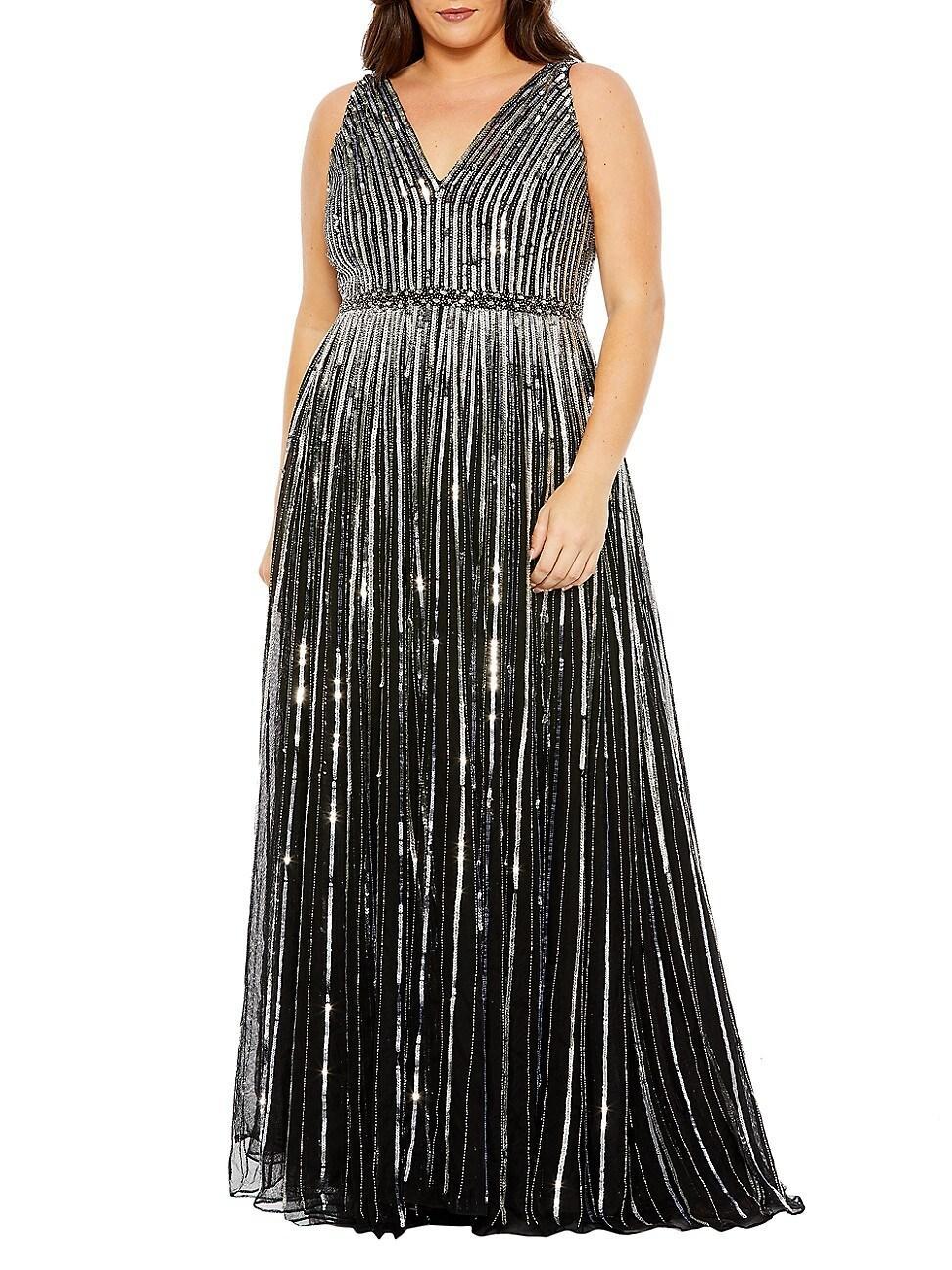 Mac Duggal Sequin Stripe Sleeveless A-Line Gown Product Image