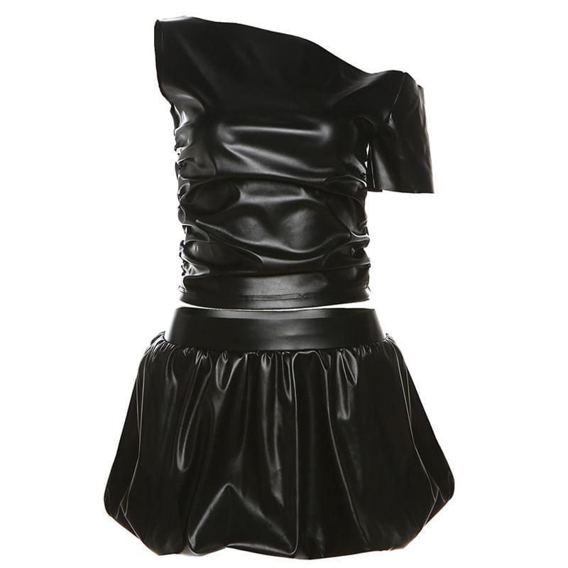 Set: One-Shoulder Faux Leather Crop Top + High Rise Mini A-Line Balloon Skirt Product Image