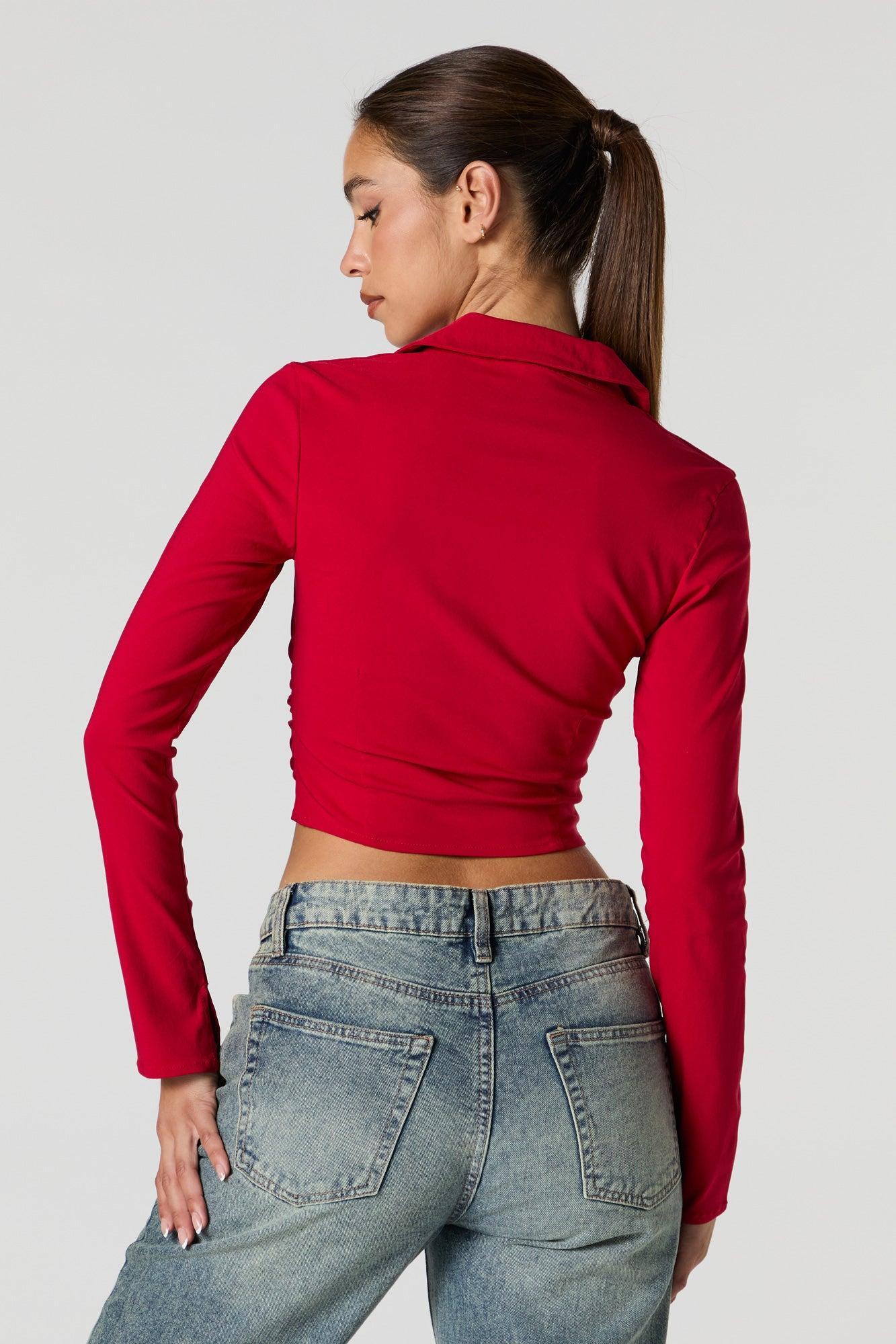 Zip-Up Collared Long Sleeve Crop Top Female Product Image