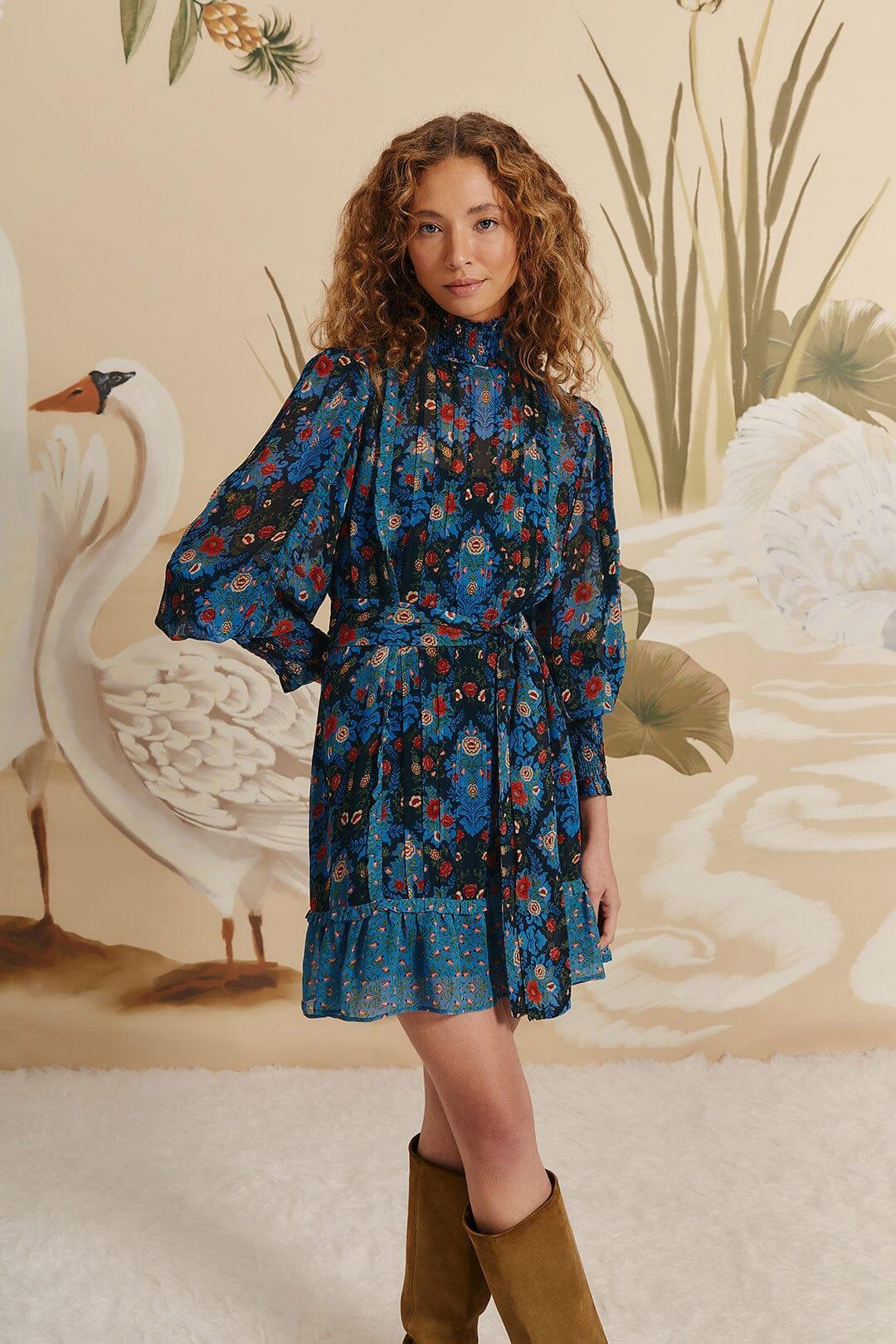 Blue Arabesque Floral High Neck Mini Dress Product Image